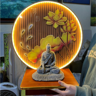 (KÈM KỆ) Tranh Hoa Sen Đèn LED KÈM Kệ Gỗ Đế Gỗ, Đôn Gỗ Vuông Đặt Tượng Nhiều Kích Thước DECOR