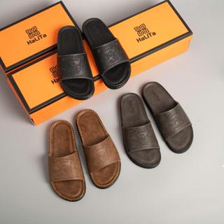 [ HaLiTa ] - Dép Nam Đẹp Đi Mưa dập vân nổi Địa , Da Bò Sáp chống thấm nước , Đế Nhẹ Có Răng Cưa Chống Trơn Trượt