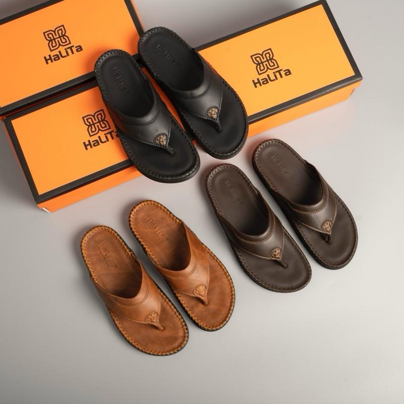 [ HaLiTa ]  DéP Kẹp Nam Da Chống Nhăn , Đế Bằng Cao Su êm Chân , khâu dấu chỉ viền bền bỉ . Sandal N