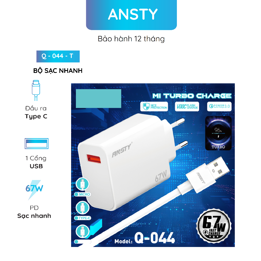 Bộ Sạc Nhanh Ansty Q-044-T 67W Cổng USB A Kèm Dây Type-C Hỗ Trợ Sạc Nhanh Dài 1.0m