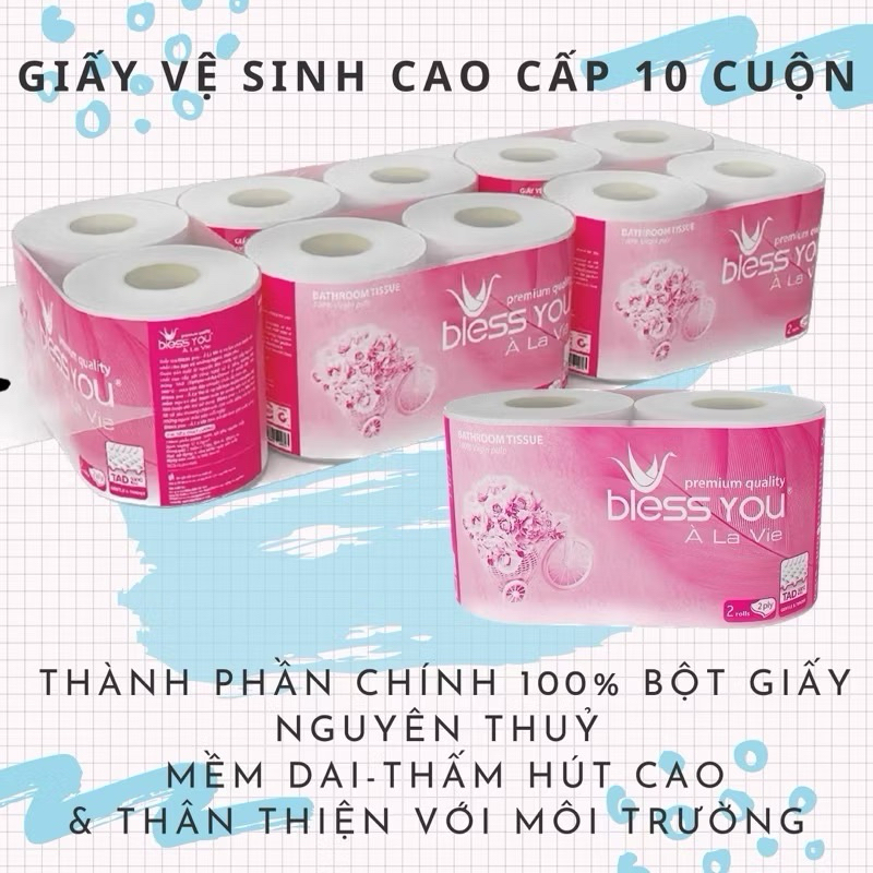 Giấy vệ sinh Pulppy, Giấy vệ sinh Bless You, Khăn giấy lụa đa năng cao cấp Lốc 10 cuộn