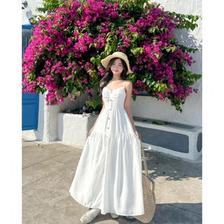 Đầm HAILEY - Đầm midi hai dây nút gỗ