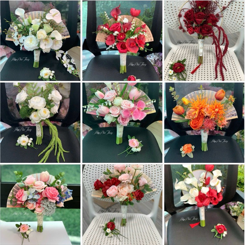 Hoa quạt cầm tay cô dâu bằng lụa mix sáp thơm