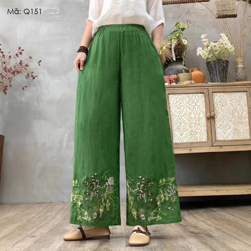 Quần baggy linen lưng thun KAMAKA ống rộng thêu tranh - Q151