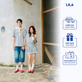 Áo đôi nam nữ set couple với người yêu áo thun nam áo trễ vai nữ phối chân váy ngắn thương hiệu LILA - FLOGA
