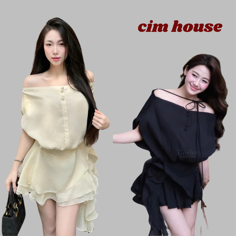 Váy nữ chất tơ cúc bọc trễ vai hở lưng kèm hoa siêu xinh, Đầm trễ vai liền thân 2 lớp tặng quần bảo hộ- MV638 CIMHOUSE