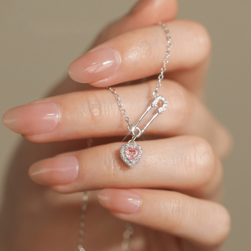 Bộ trang sức dây chuyền vòng tay nữ safety pin trái tim đính đá hồng trắng phụ kiện Mely TT158