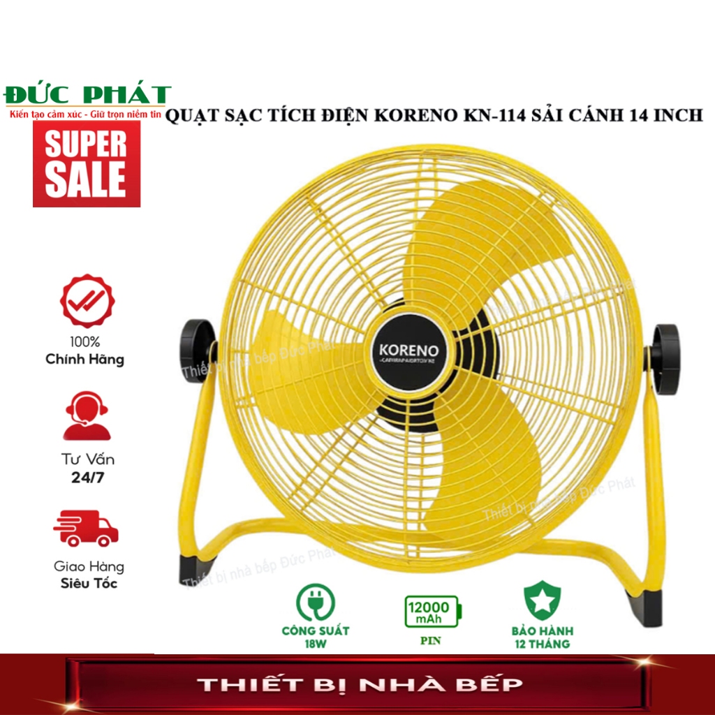 Quạt Tích Điện Koreno KN-114 | Mát Lâu, Sạc Nhanh | Pin 12000mAh | 14 Inch | Hàng Chính Hãng