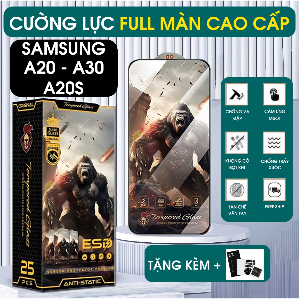 Kính cường lực Samsung A20- A20S - A30 trong suốt full màn