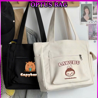 Túi tote túi vải canvas Labubu Hellomumu có ngăn phụ khoá kéo miệng túi đeo vai Capy Bara đựng vừa khổ A4 laptop