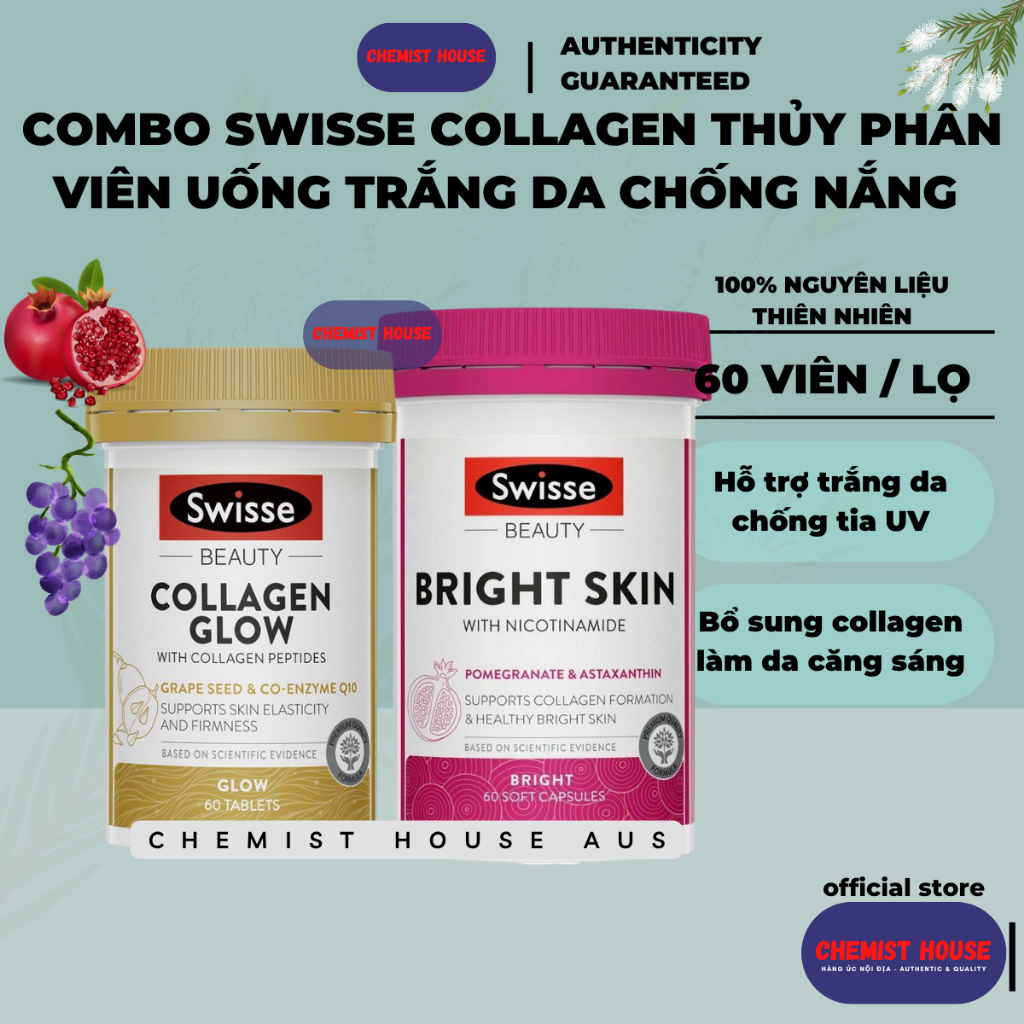 Combo Collagen thủy phân + viên uống trắng da chống nắng Swisse Úc Swisse Collagen Glow peptides + S