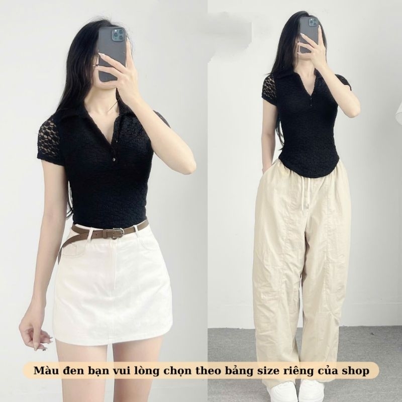 Áo Ren Cộc Tay Nữ Cổ V Sơ Mi Phối Cúc Cài Vạt Tròn Bigsize, Áo Cộc Tay Ren 408