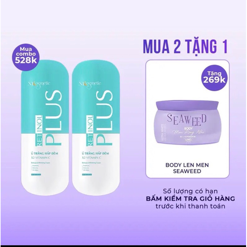 Combo 2H Kem Ủ Trắng Đêm Retinol Tặng 1H Kem Body Men Rong Nho, Dưỡng Sáng Da, Trắng Da, Mờ Thâm