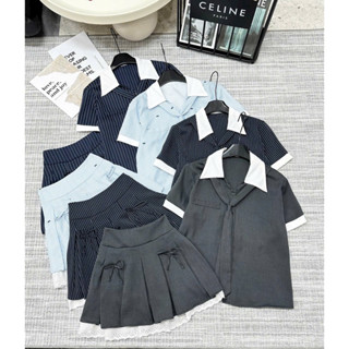 Set sơ mi ngắn tay kèm chân váy phối ren có quần bảo hộ