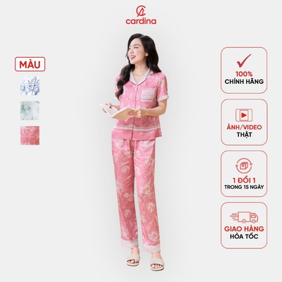 Đồ bộ pyjama nữ Cardina chất lụa satin kiểu dáng quần suông phối gấu thanh lịch 5PCD02