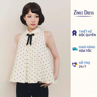  Áo Chấm Bi Khoét Nách Cổ Sen Phối Bèo Nhún Nơ Đen Ivy Top 