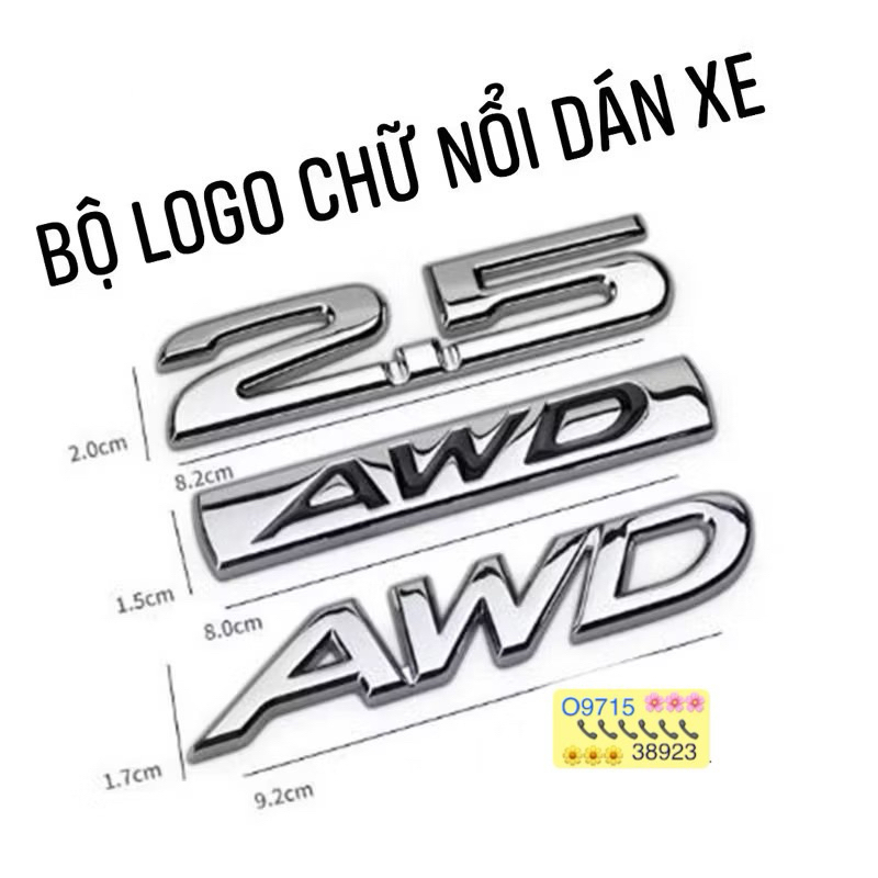 tem logo chữ AWD 2.0 2.5 kim loại dán thân xe