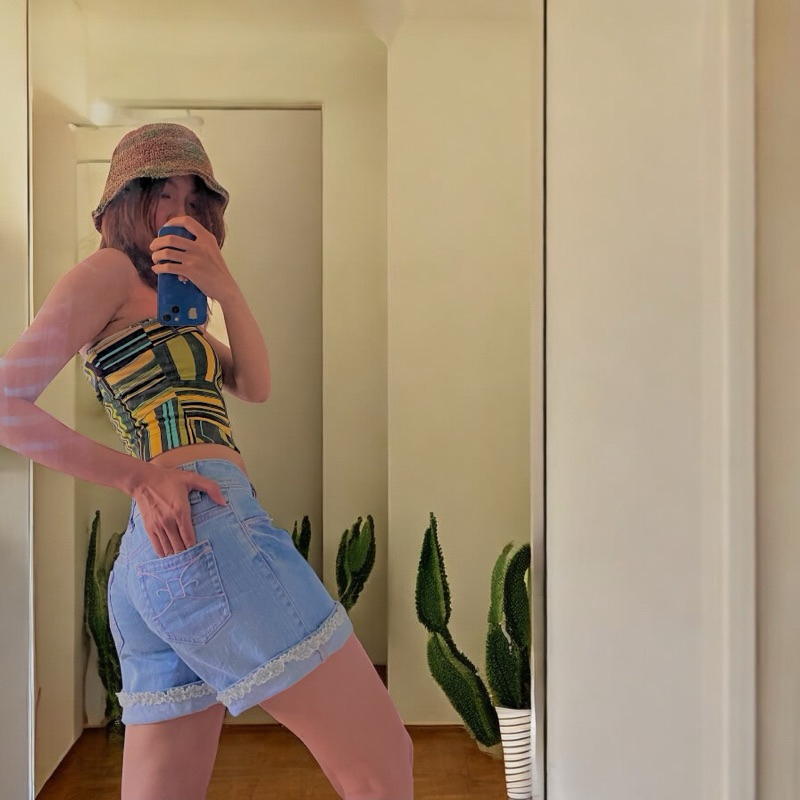 Set đồ nữ Quần đùi nữ cạp trễ jean ~Mezzo Piano chỉ hồng Nhật Bản