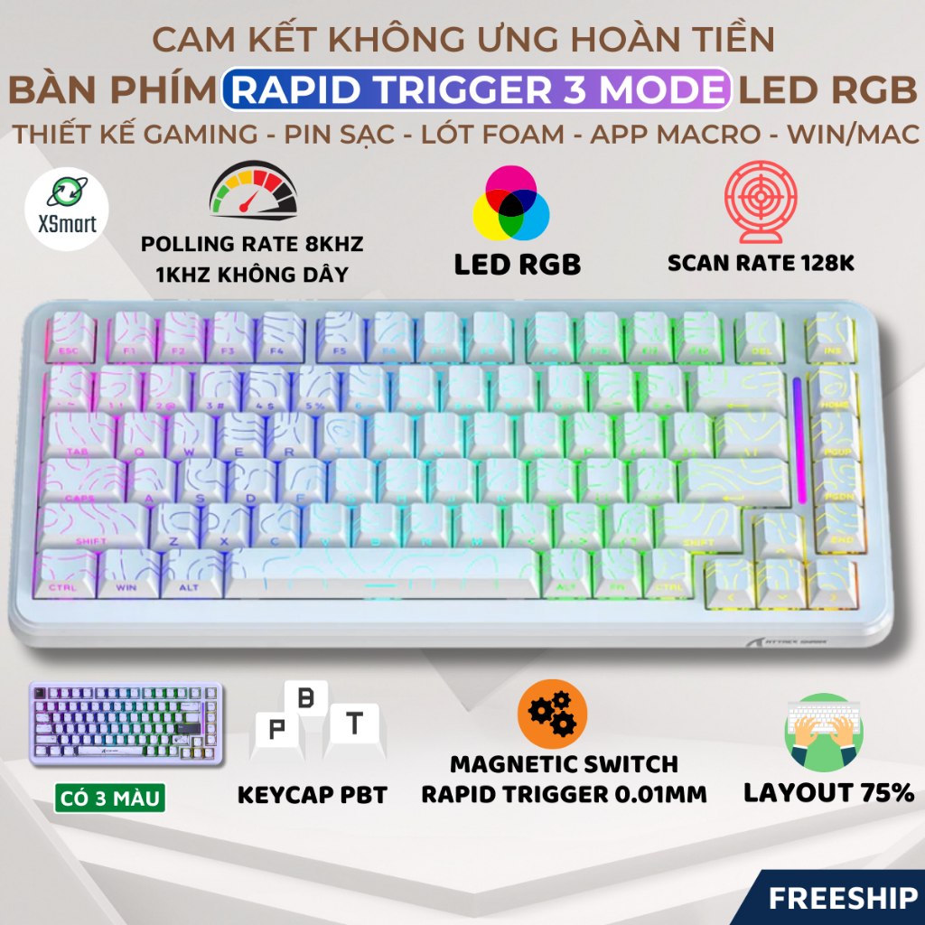 Bàn Phím Gaming Không Dây Rapid Trigger Attack Shark X82 PRO HE LED RGB 3 Mode Pin Sạc Keycap PBT