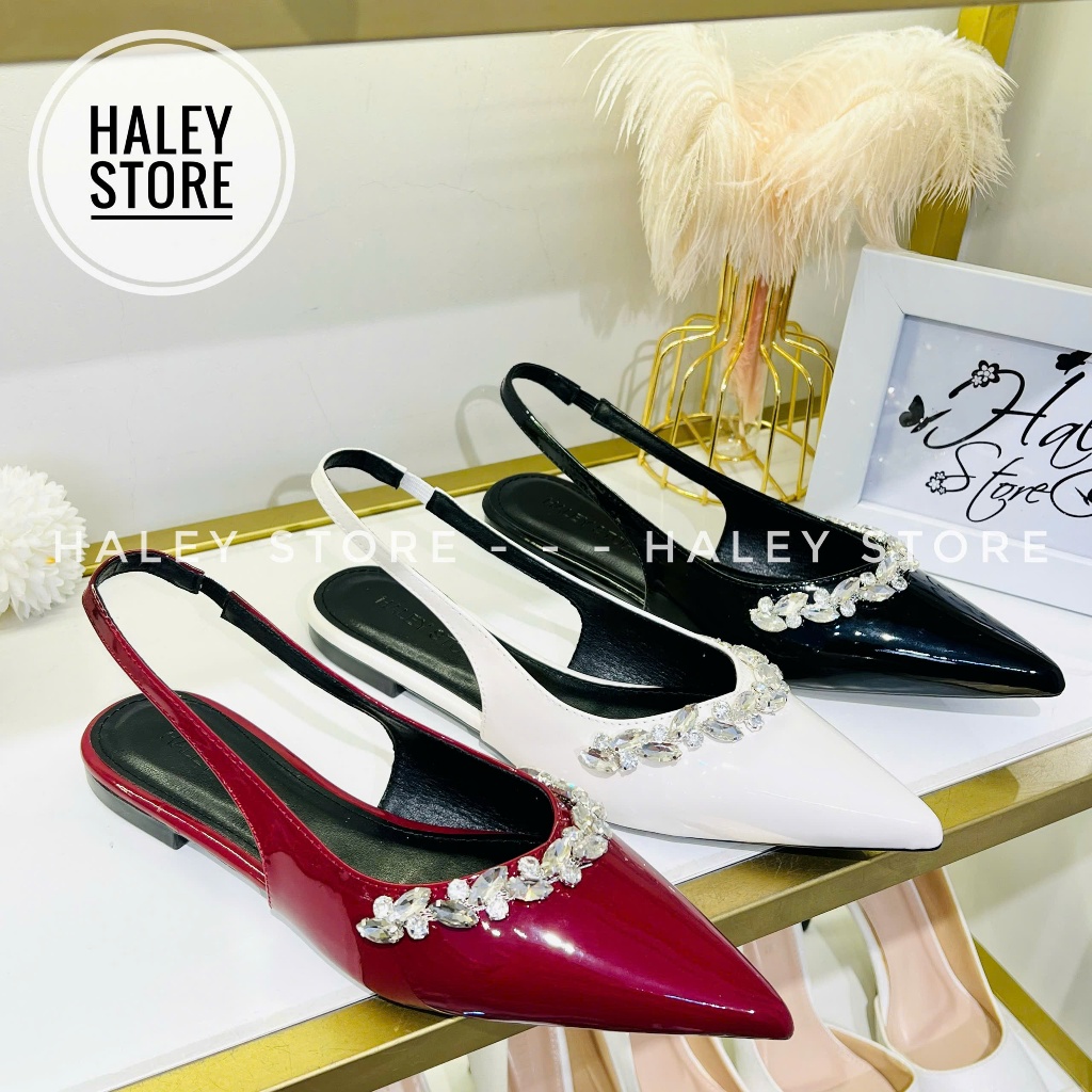 Giày max chuỗi đá bệt HALEY STORE gót phẳng đính đá da bóng bít mũi quai kéo tiểu thư cô dâu tiệc cư