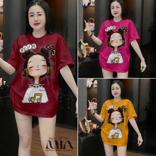Áo thun form rộng, áo phông nữ girl phố hot 2025- Minh Anh store, in hình cô gái nghe nhạc chill