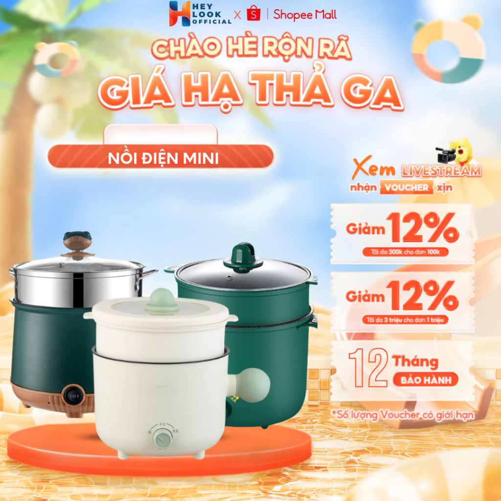 Nồi Điện Đa Năng Có Tay Cầm, Nồi Lẩu Mini Chống Dính Kèm Giá Hấp Size 18cm