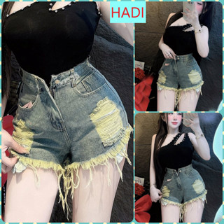   SOKT2256  QUẦN SHORT JEANS ĐÙI NỮ LƯNG CAO RÁCH 2 MẢNG VUÔNG LÒI TÚI TRẮNG MÀU XANH ĐẬM VÀNG LAI TUA MÁT MẺ 