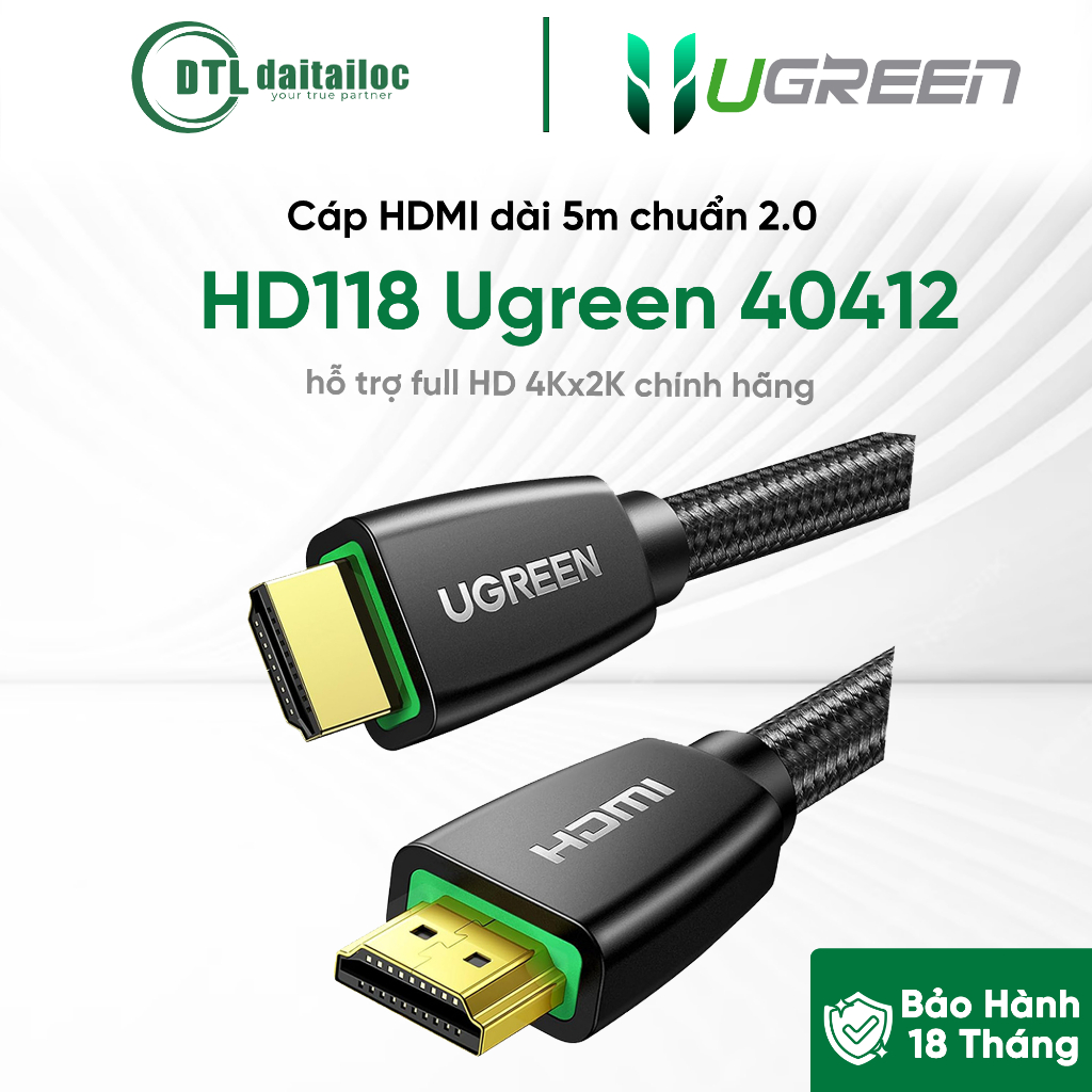 Cáp HDMI Dài 5m Chuẩn 2.0 Hỗ Trợ Full HD 4Kx2K (HD118) Ugreen 40412 | Chính Hãng | Bảo Hành 18 Tháng