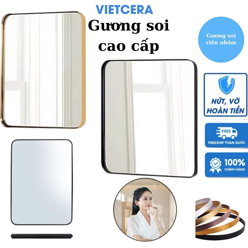 Gương soi treo tường hình tròn, chữ nhật, ovan viền nhôm kèm pas ốc vít treo tường Vietcera