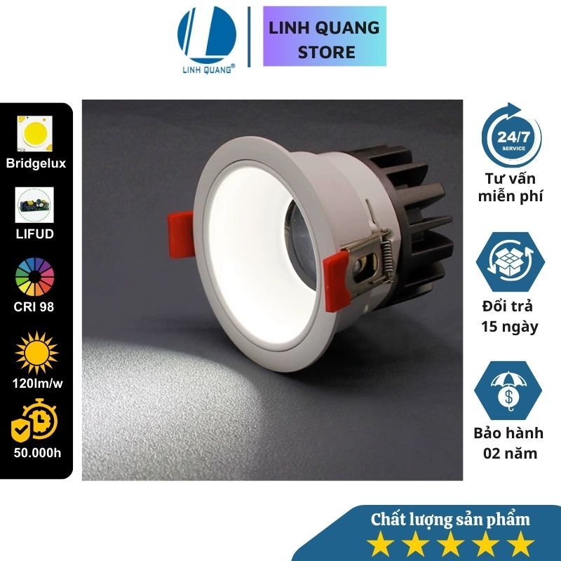 Đèn Led âm trần Spotlight SM2 D75 Linh Quang chống chói cao cấp CRI>98 vỏ trắng
