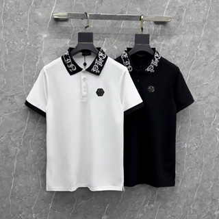 Áo Polo Nam Nữ Philipp Plein Thêu Cổ Logo QP Kim Loại Phối Cổ Dệt Kim Chữ Nổi Phong Cách Basic Trẻ Trung
