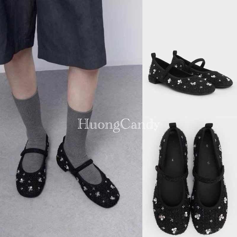  Giày búp bê CK vải tweet đính hoa kim sa  sẵn 2134-1 T2.1B 