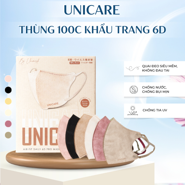 [Thùng 100 chiếc] Khẩu trang 6D UNICARE, Khẩu Trang 3 Lớp Kháng Khuẩn, Kháng Bụi, Không Thấm Nước