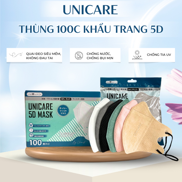 [Thùng 100 chiếc] Khẩu trang 5D UNICARE, Khẩu Trang 3 Lớp Kháng Khuẩn, Kháng Bụi, Không Thấm Nước