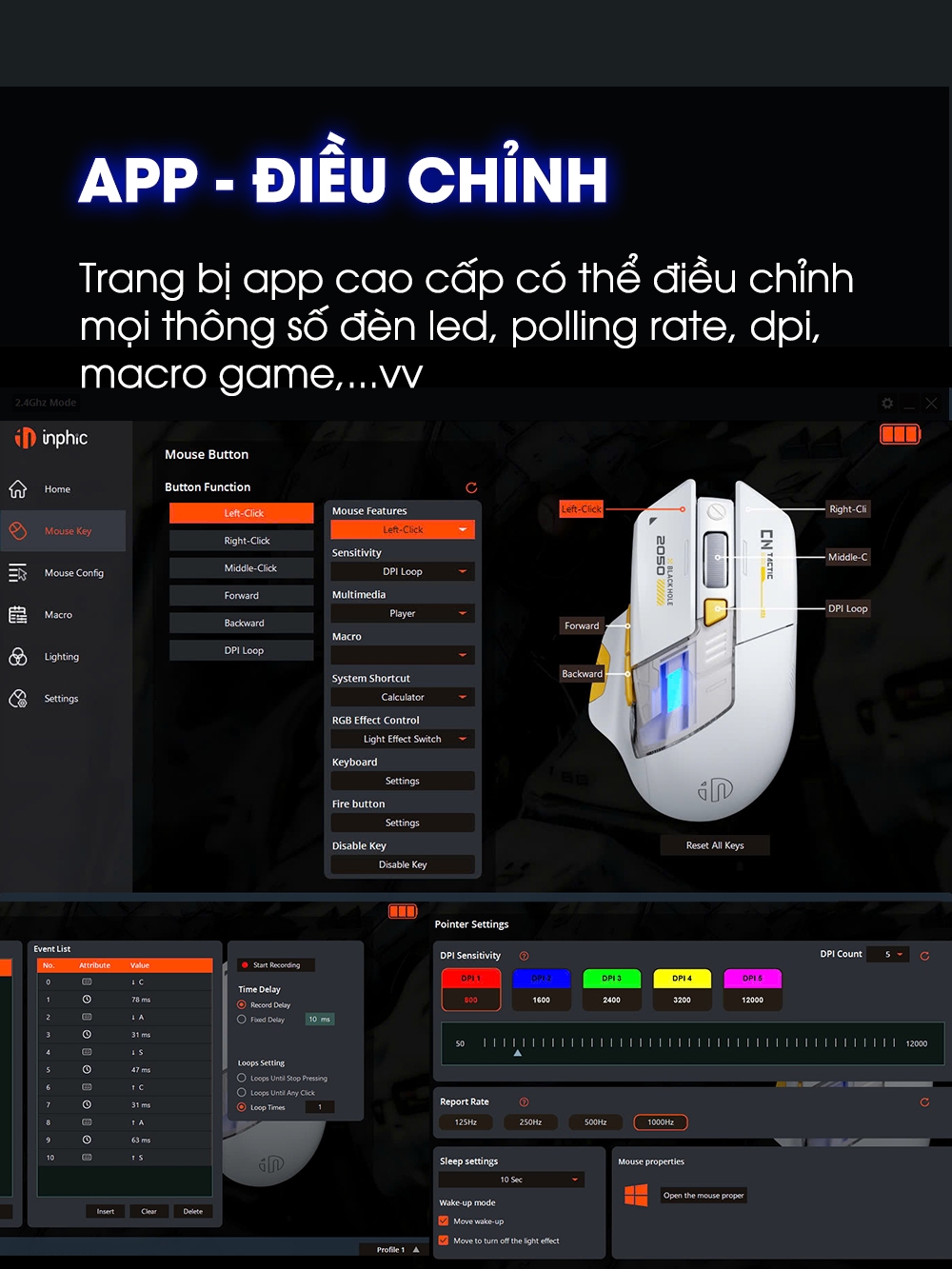 Chuột không dây gaming TEKKIN INPHIC A9 PRO bluetooth silent chống ồn pin sạc 6 nút bấm led RGB