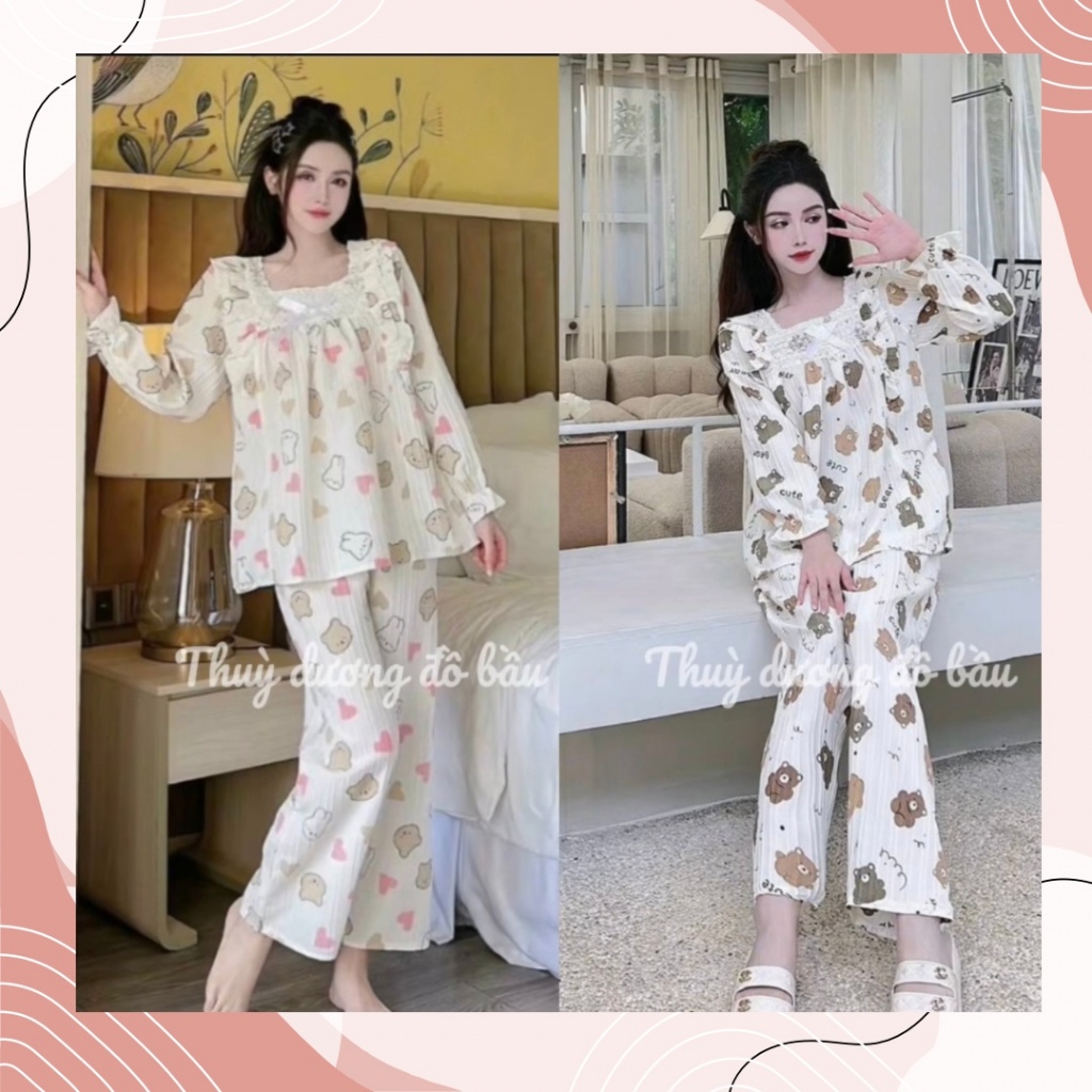 🌺🍀🌸- COMBO   2 Bộ-B15 - Bộ Bầu Kết Hợp Sau Sinh ,Bộ Quần Dài Áo Dài  Cổ vuông Ren Nơ (B15).CHất Liệu