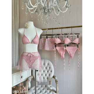 Set Bikini 3 Món Thiết Kế Dáng Mảnh Phối Kèm Chân Váy lưới, Set Bikini Đi Biển 2 Màu Đá Bling Hồng-Rêu