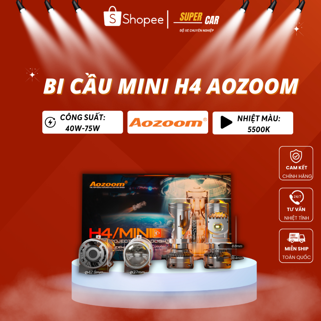 Bi Led Mini H4 Aozoom Bi Cầu Mini H4 Lắp Zin Không Độ Chế Công Suất 40W - 75W Bi Cầu Mini Siêu Sáng