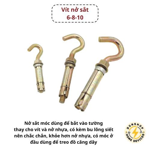 Vít nở móc sắt, tắc kê móc sắt 6mm, 8mm,10mm.