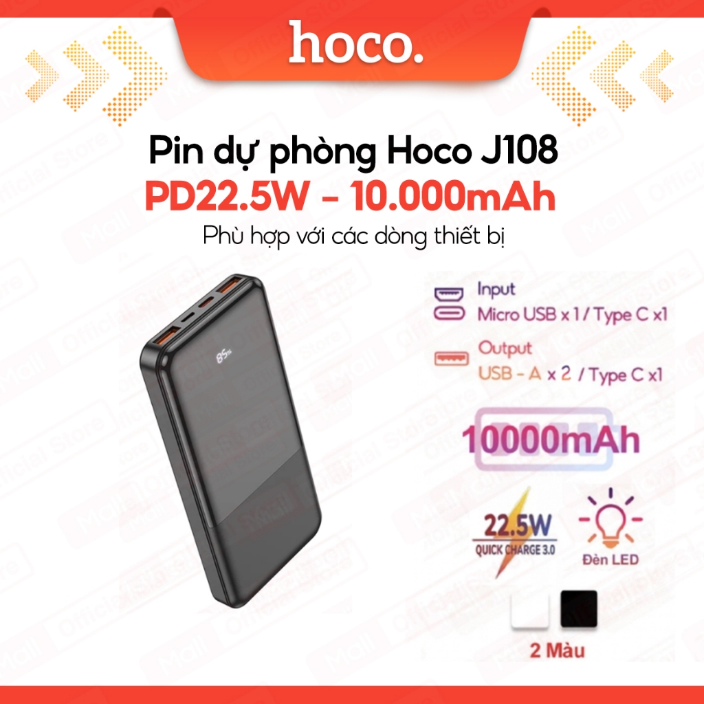 Pin Dự Phòng Hoco J108 10000mAh, Nhỏ Gọn Tiện Lợi, màn hình LED hiển thị , Sạc Nhanh PD22.5W , Dung 