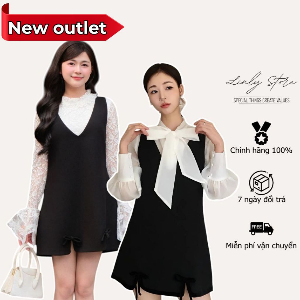 --[XH]--Set váy yếm nữ dáng ngắn mix áo ren thiết kế tay bèo tiểu thư Linly store