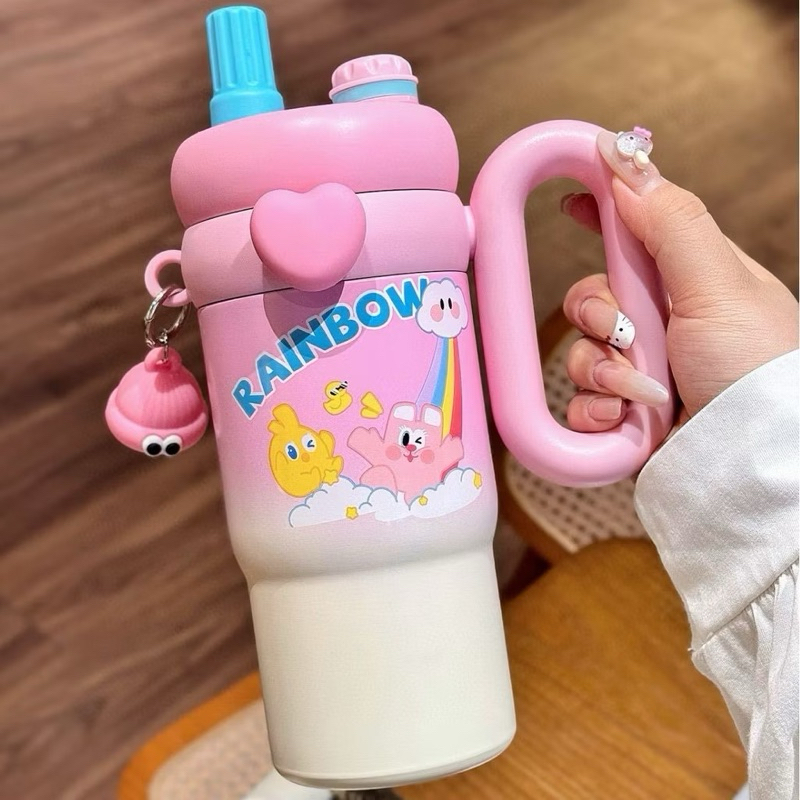 Bình Nước Giữ Nhiệt Rainbow Tim inox 304 Dễ Thương 850ml Tặng Kèm Charm và Nút Bịt Ống Hút