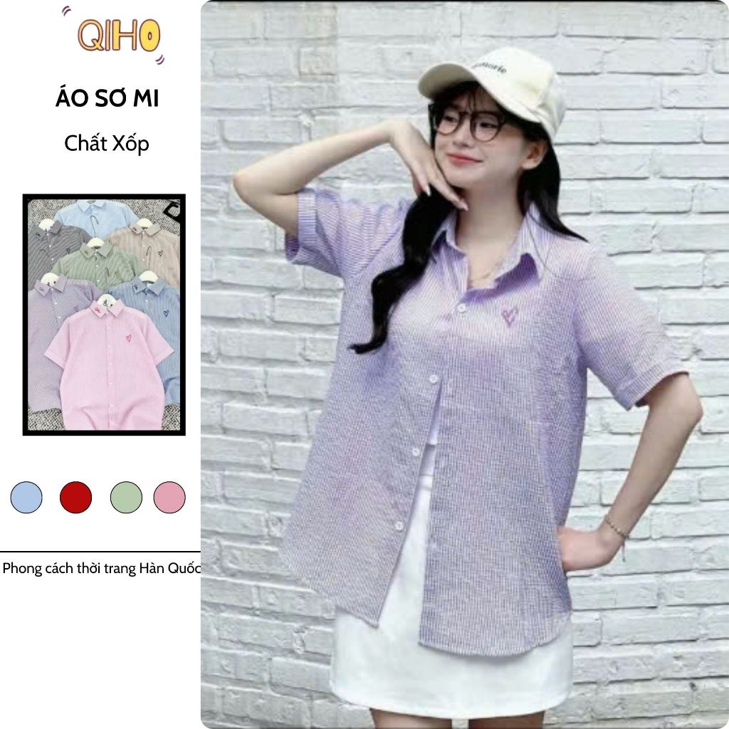 Áo sơ mi ngắn tay nữ, áo sơ mi kẻ phong cách Hàn Quốc A19 Qiho store