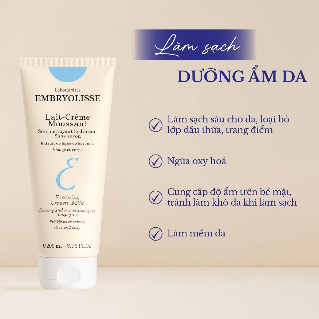 Sữa rửa mặt sạch sâu, cấp ẩm dịu nhẹ Lait-Crème Moussant Embryolisse 200ml | BigBuy360 - bigbuy360.vn