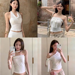 Áo thun mùa hè đa năng nữ, áo cổ yếm ren trắng/đen v8 Orimi