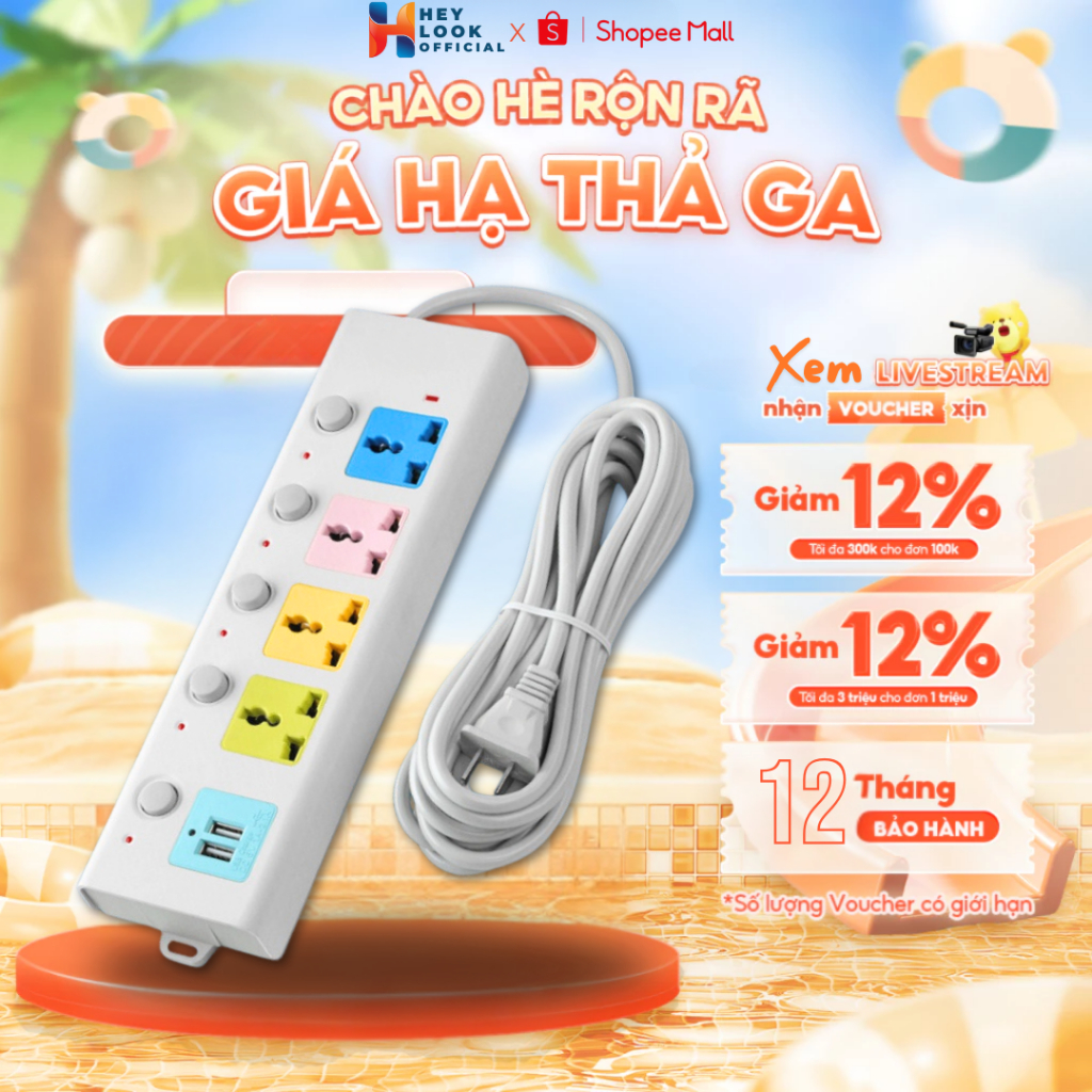 Ổ Cắm Điện USB Đa Năng Cao Cấp Chống Giật Dây Dài 4m Công suất 2500W, 2 Cổng Cắm USB Có Chốt An Toàn