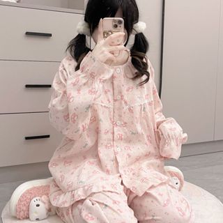 Bộ đồ Pyjama mặc nhà có mút ngực cổ bèo tròn cotton đáng yêu mát mẻ mặc 4 mùa