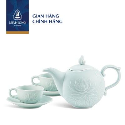 Bộ Trà Sứ Cao Cấp Minh Long 0.7L - Sen - Men Ngọc Sương Mờ
