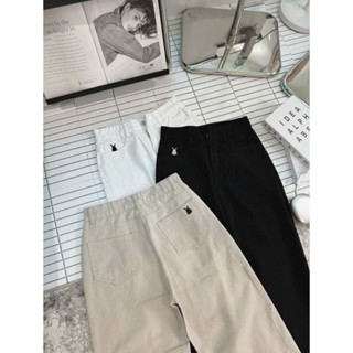  Quần jean bò kaki thêu thỏ ống rộng suông nữ jeans chất mềm mại cạp cao phong cách style Lea Studio 