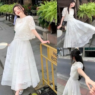  Sét váy nữ chất ren hoa full lót áo tay bo cổ tròn phối chân váy xòe dáng dài thanh lịch nhẹ nhàng xinh yêu như nàng thơ 